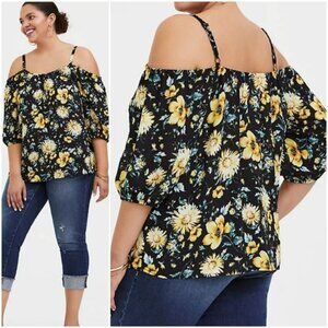 Torrid Black and Yellow Floral Georgette Cold Shoulder Blouse in Size 1 (14/16)